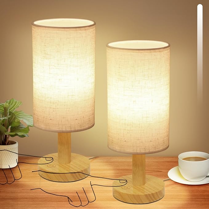 Small Touch Table Lamps Set of 2 with Stepless Dimming&USB Plug, Natural Round Wood Base & Linen Fabric Shade |Soft Ambient Night Light |Minimalist Boho Bedside Lamp for Bedroom,Nursery,Kitchen,Dorm - Bloomnest