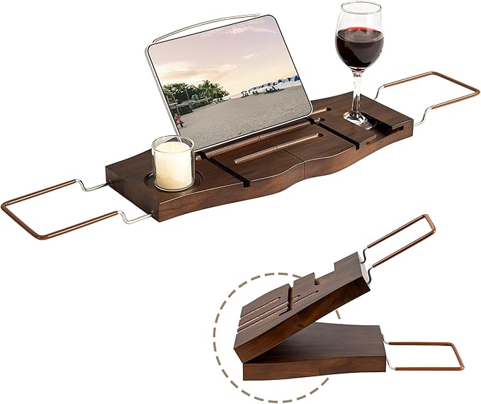 Teak Bathtub Tray Expandable Bathroom Tray for Home Spa Relaxation, Wooden Tray Caddy for Bathtub, Teak Bathtub Caddy as Unique Housewarming, Birthday, Wedding Shower Gifts. Dark Walnut - Bloomnest