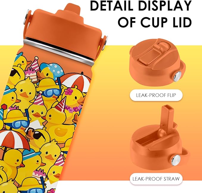 Duck Gifts for Boy Girls - 16oz Kids Water Bottle with Straw, Rubber Duck Stainless Steel Water Bottles Insulated, BPA-free, Leak-proof, Cute Cartoon Tumbler for School, Travel, Children Gift Cup(1pc) - Bloomnest