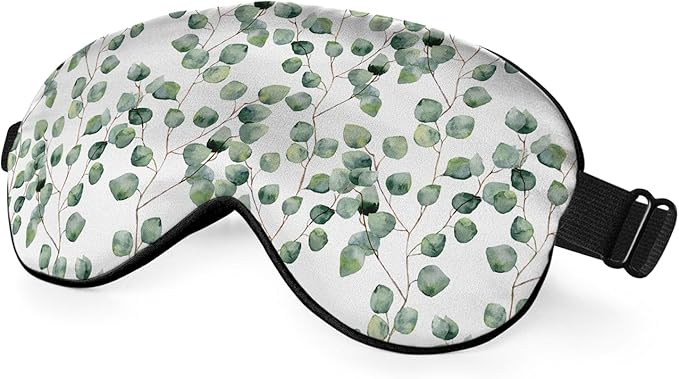 Green Floral Sleep Eye Mask Eye Cover Watercolor Eucalyptus Round Leaves Branches Silk Eye Mask for Sleeping with Adjustable Strap for Travel Nap Shift Work Office - Bloomnest