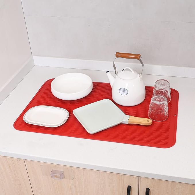 Silicone Dish Drying Mat for Multiple Usage,Easy clean,Eco-friendly,Heat-resistant Silicone Mat for Kitchen Counter or Sink,Refrigerator or Drawer Liner Red 3XL 28 inches x 18 inches - Bloomnest