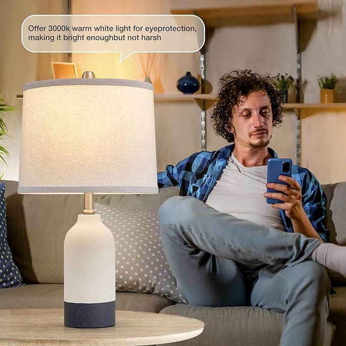 Luvkczc Modern Ceramic Lamps for Bedrooms Set of 2, 3-Color Temperature Table Lamp Bedside Nightstand Desk Reading Lamp with Fabric Drum Shade for Bedroom, Living Room, 2 Bulbs Included (21.4") - Bloomnest
