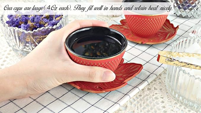7PC Japanese Tea Set."Red Koi" Cast Iron Tea Pot with 2 Tea Cups, 2 Saucers, Tea Infuser and Teapot Trivet. Ceremonial Matcha Accessories