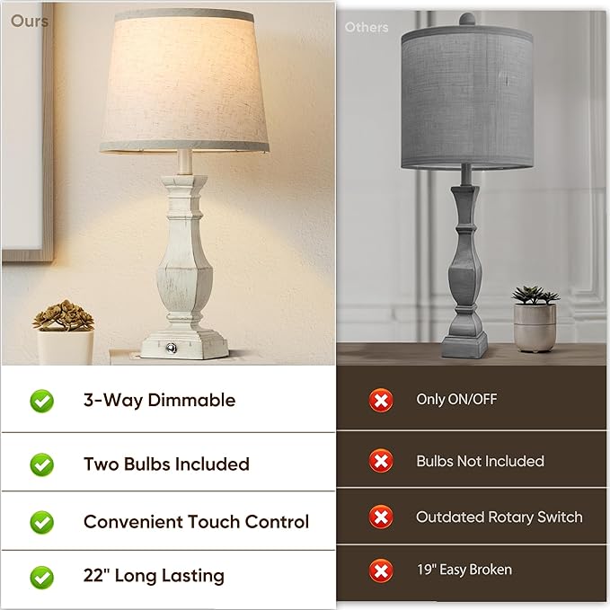 ROTTOGOON Dimmable Table Lamps Set of 2, Rustic Farmhouse Table Lamps for Living Room Bedroom, Bedside Desk Lamps for End Tables, Touch Lamps for Nightstand, 9W Bulbs Included, 22", Antique White - Bloomnest