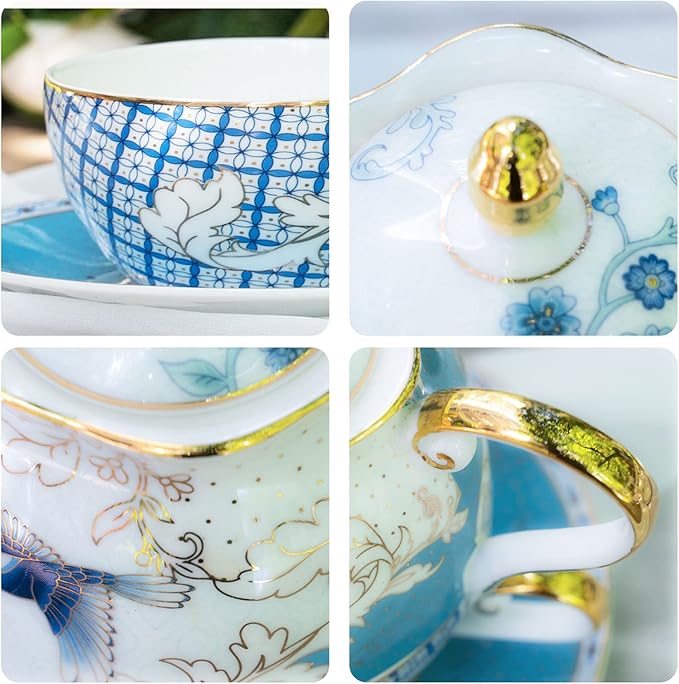 ACMLIFE Tea for One Teapot and Cup, Vintage Floral Porcelain Tea Set for One, Bone China Teapot with Cup Set, Tea Pot Gift for Women (Blue-B) - Bloomnest