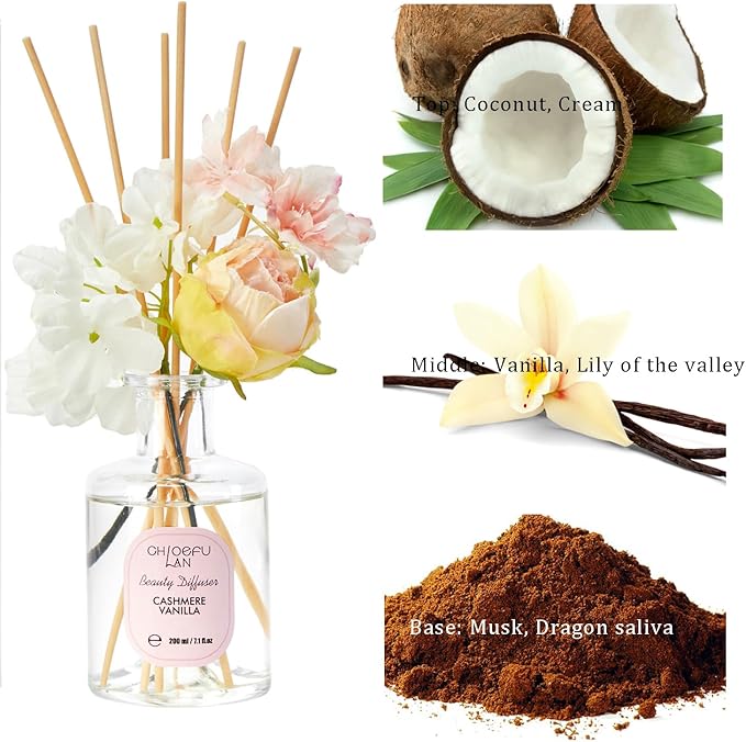 Chloefu Lan Cashmere Vanilla Reéd Diffuser Set with Flowers Reéd Diffuser Sticks, 6.7oz Scent Fragrance Essential Oil Diffuser for Bedroom Bathroom Home Décor Shelf Decor - Bloomnest