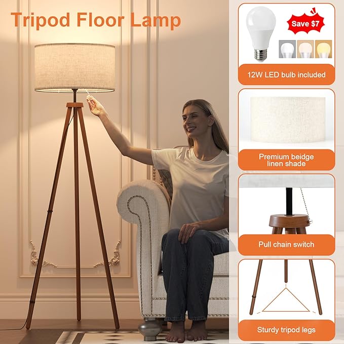 LiteHistory Wood Tripod Floor Lamps for Living Room, Bedroom, and Office,Standing lamp with Beige Linen Shade, 12W Three-Color Bulb Included, Pull Chain Switch, Tall lamp for Mothers Day Gifts, Brown - Bloomnest