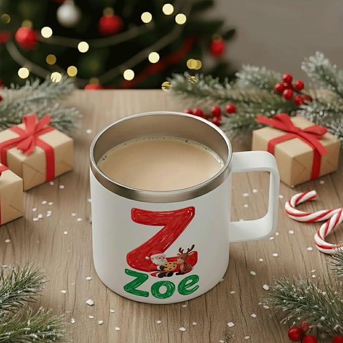 Personalized Christmas Insulated Coffee Mug with Handle – Custom Initial Letter [I] Double Wall Stainless Steel Travel Tumbler for Drinks – Unique Holiday Gift for Men, Women, & Kids(B115) - Bloomnest
