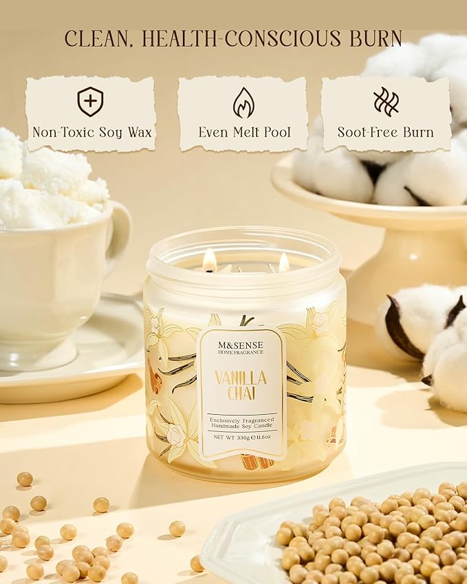 M&SENSE Vanilla Chai Scented Candle, 11.6oz Natural Soy Wax, 70 Hours Long Lasting Clean Burn, Holiday Jar Candle for Home Decor, Non-Toxic Relaxing Aromatherapy Gifts for Women - Bloomnest