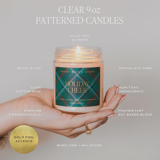Sweet Water Decor Merry and Bright Christmas Scented Candles - Christmas Stocking Stuffers Soy Candles with Nutmeg Scent - Christmas Candles with 40 Hours Burn Time - 9Oz Gold Lid Clear Jar Candles - Bloomnest