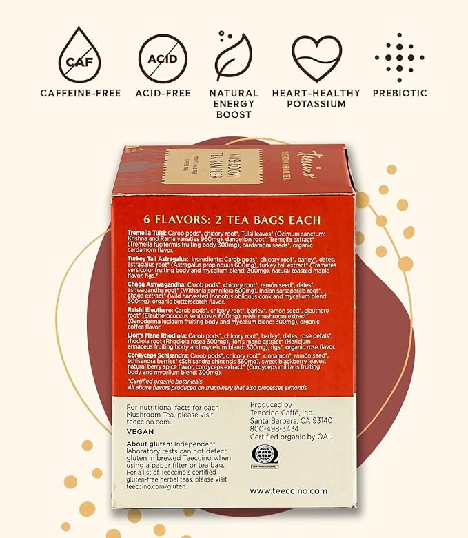 Teeccino Mushroom Herbal Tea - Mushroom Adaptogen Tea Sampler - 12 Tea Bags - Support Your Health With Mushrooms and Adaptogenic Herbs, Prebiotic, Caffeine Free, Acid Free - Bloomnest