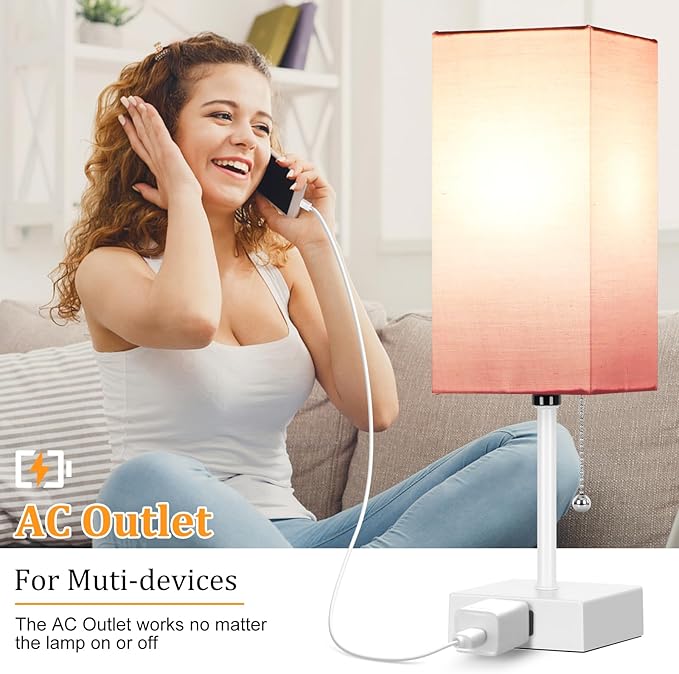 15'' Table Lamp for Bedroom set of 2,3-Color Bedside Lamps with Pull Chain Table Lamps for Night stands ,Small Night Light Lamps with 2 Bulbs Lamps for Living Room Kids Room Office Decor（Pink+White） - Bloomnest
