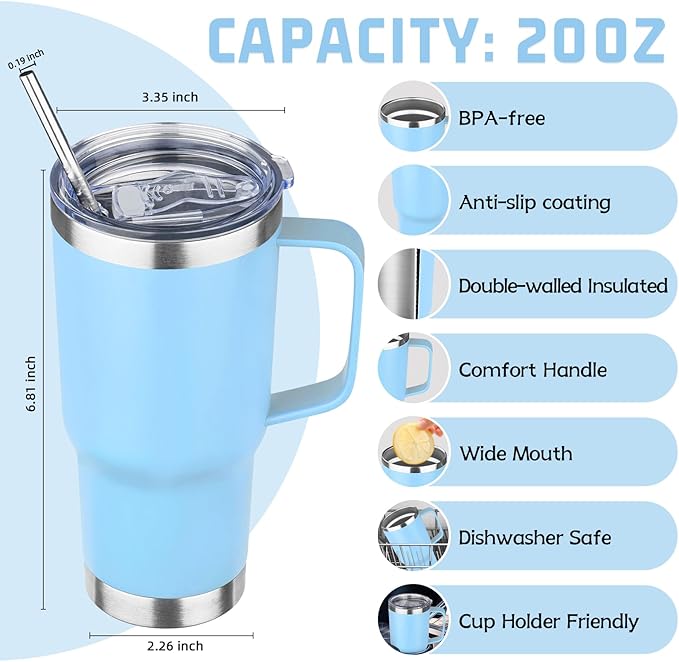 20 oz Tumbler with Handle Stainless Steel Insulated Coffee Mug Tumbler with Lid and Straw Double Wall Vacuum Insulated Coffee Mug Leak Proof Travel Mug Tumbler for Hot and Cold Drink (Mix Color-7)