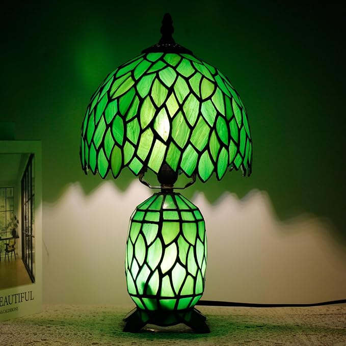 Small Tiffany Lamp Stained Glass Table Lamp Mini Mother Daughter Vase Desk Accent Night Light for Bedroom Bedside Reading Home Antique Style 8X14 Inches (Green Wisteria) - Bloomnest