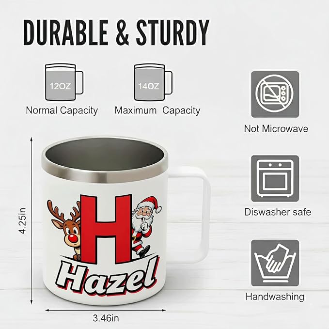 Personalized Christmas Mug with Name Initial - Cute Peekaboo Santa & Reindeer 12oz Insulated Stainless Steel Coffee Cup Tumbler with Handle & Lid - Fun Holiday Xmas Gifts for Kids, Girls (B170) - Bloomnest