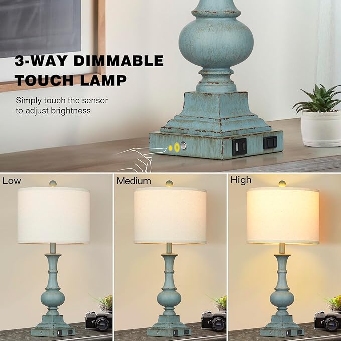 Farmhouse Table Lamps Set of 2, Rustic Touch Control Bedside Lamps with 2 USB Ports & AC Outlet, Vintage Resin 3-Way Dimmable Nightstand Lamp Linen Fabric Shade for Living Room Bedroom Decor Blue - Bloomnest