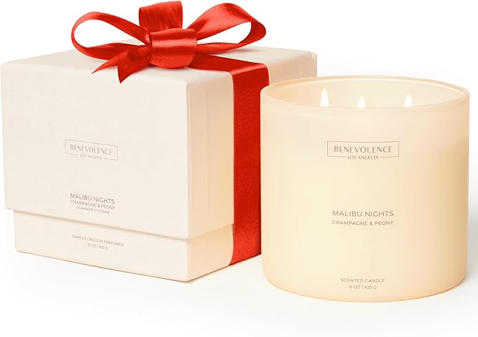 Champagne & Peony – Benevolence LA Large 3-Wick Fall Scented Candle for Home | 15oz, 50-Hour Burn | Natural Soy Wax, Cotton Wicks | Romantic Autumn Fragrance | Malibu Sands Collection – Gift for Women - Bloomnest
