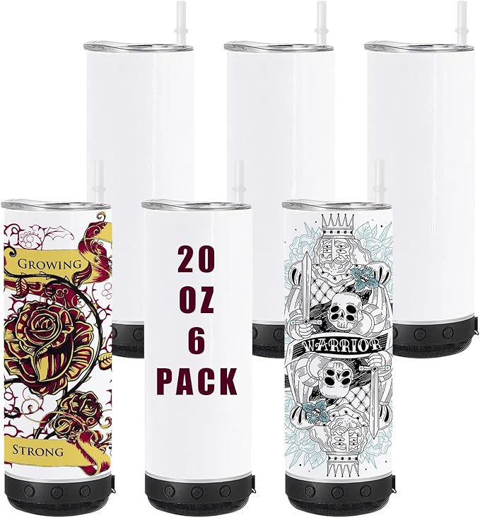 6 Pack 20 OZ Sublimation Blank Tumblers Bulk Stainless Steels Double Vacuum Bluetooth Speaker Music Insulated Tumbler with Lid and Straw Heat Transfer Cup Black - Bloomnest