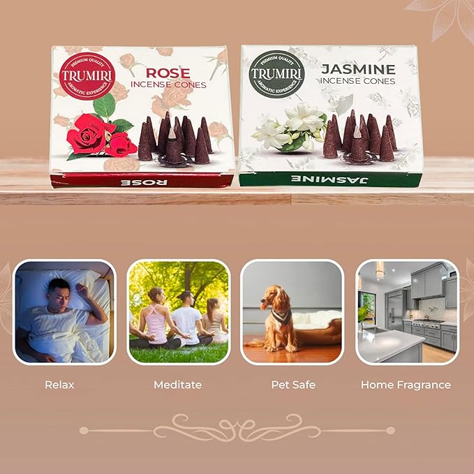 TRUMIRI Incense Cones - Combo Pack of 20 Cone Incense - 10 Rose + 10 Jasmine - Insence Cones - Incense Cones Scented - Cone Incense Scents - Insense Cones - Incent Cone TRUMIRI