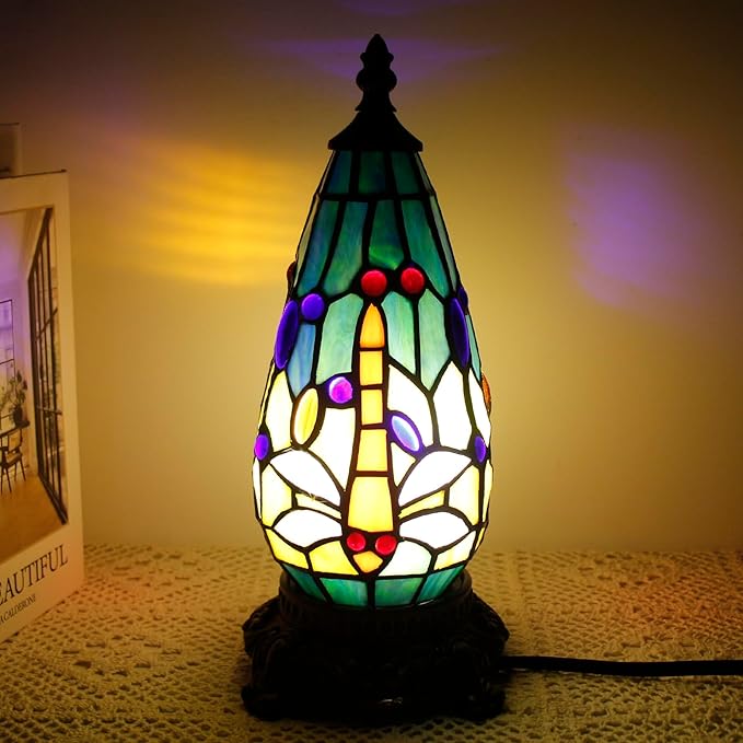 Small Tiffany Lamp Stained Glass Table Lamp 5.5X11 Inch Christmas Tree Lighthouse Mini Accent Memory Sympathy Antique Night Light for Bedroom Living Room (Blue Yellow)