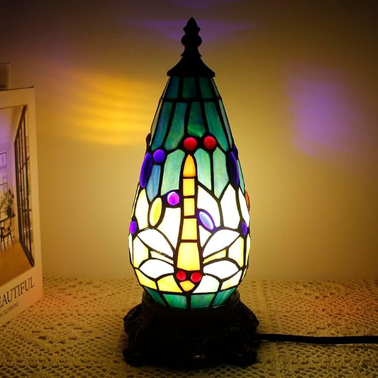 Small Tiffany Lamp Stained Glass Table Lamp 5.5X11 Inch Christmas Tree Lighthouse Mini Accent Memory Sympathy Antique Night Light for Bedroom Living Room (Blue Yellow)