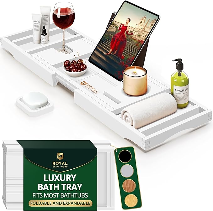 ROYAL CRAFT WOOD Premium Foldable Bathtub Tray - Wood Bath Tray for Tub, Bamboo Shelf, Expandable Bath Table Trays, Bathtub & Bathroom Accessories for New Home & Mothers Day & Birthday Gifts for Mom - Bloomnest