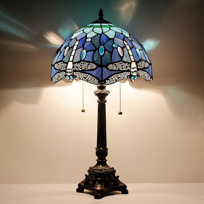 Tiffany Lamp Blue Dragonfly Style Stained Glass Table Lamp Desk Reading Light 12X12X21 Inches with Resin Base Decor Bedroom Living Room - Bloomnest