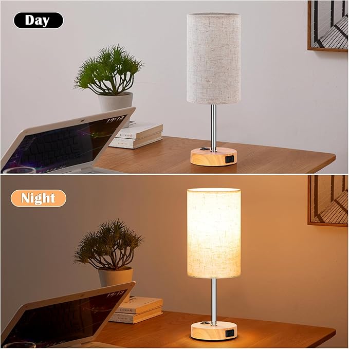 ZJOJO Table Lamp for Bedroom Set of 2, Bedside Small Lamps with 3 Way Dimmable Rocker Switch & AC Outlet, Nightstand Desk Lamp with Flaxen Fabric Shade Woodgrain Base for Living Room Home Decor Lights - Bloomnest