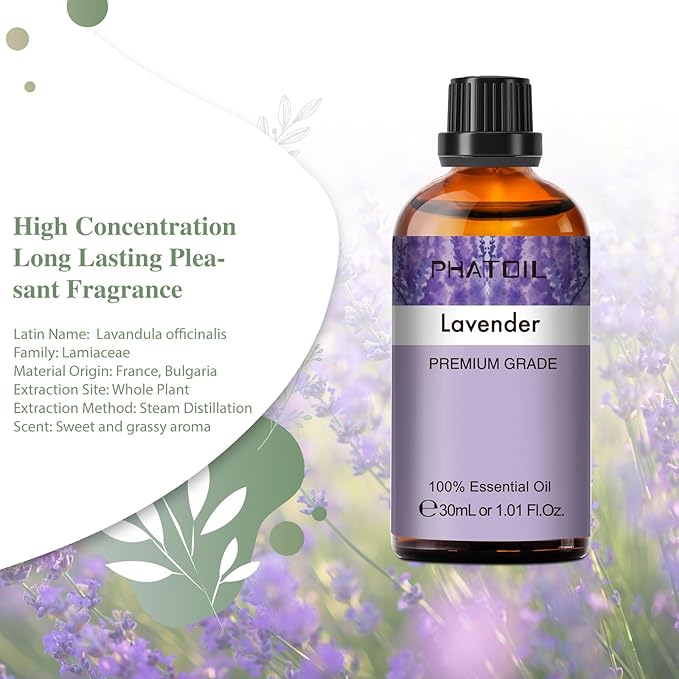Lavender Essential Oil 1.01fl.oz/30ml, PHATOIL Lavender Oils Long Lasting Scents for Aromatherapy, Diffuser, DIY Soap and Candle Making PHATOIL