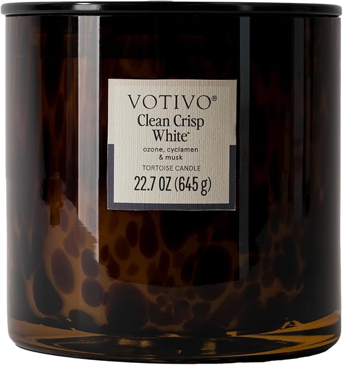Votivo Clean Crisp White Tortoise Scented Candle | 22.7 oz Soy Wax Blend | Luxurious Cotton Scent | Decorative Home Decor Tortoiseshell Pattern | 100 Hour Burn Time - Bloomnest