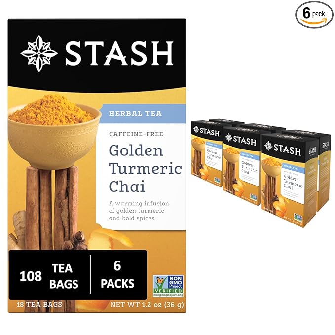 Stash Tea Turmeric Chai Herbal Tea - Naturally Caffeine Free, Non-GMO Project Verified Premium Tea with No Artificial Ingredients, 18 Count (Pack of 6) - 108 Bags Total - Bloomnest