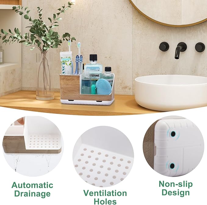 Toothbrush Holders for Bathrooms Countertop Organizer and Storage, Kids Electric Toothbrush and Toothpaste Holder, Bathroom Accessories Vanity Organizer (Wood Grain) - Bloomnest