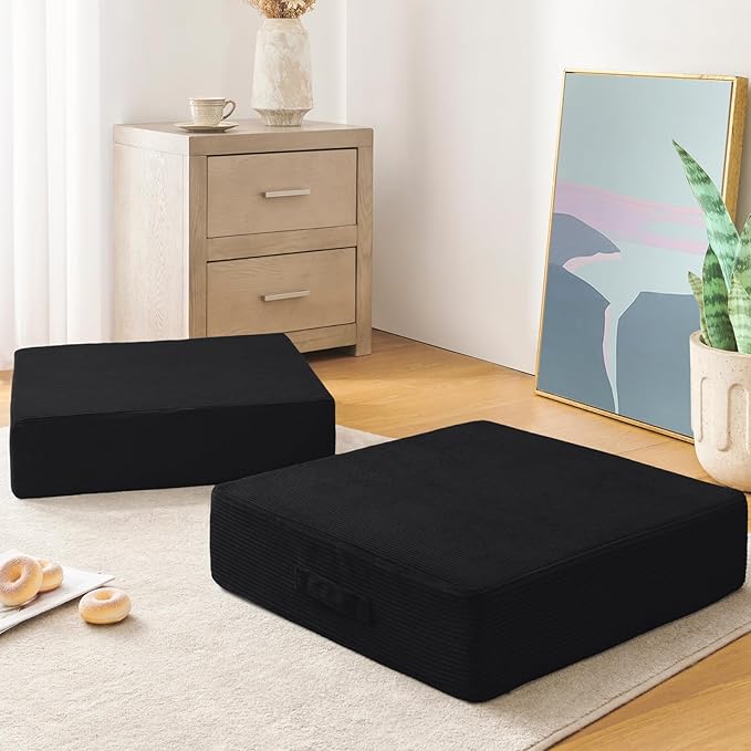 Wellsin Solid Square Floor Pillows for Adults Kids - Large Meditation Floor Pillow Seating Cushion with Thick Foam & Washable Velvet Cover, 2 Pack, 22x22x5 Inch, Black - Bloomnest