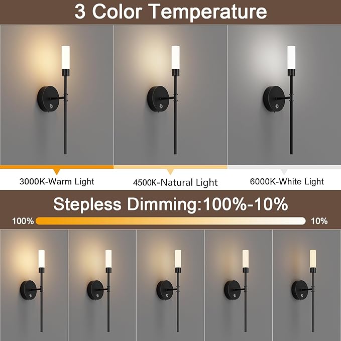 Black Battery Operated Wall Sconce Set of 2,3000K-6000K Dimmable 6000mAh Rechargeable Wall Sconce Indoor Wireless Wall Lights Remote Control for Bedroom,Living Room,Hallway - Bloomnest