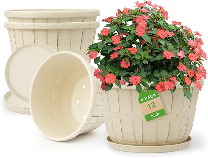 Quarut 12 Inch Large Planter Pot for Plants Indoor Outdoor, 4 Pack Plastic Flower Pots with Drainage Hole & Tray, Modern Decorative Garden Pot with Saucer, Plant Container for House（White） - Bloomnest