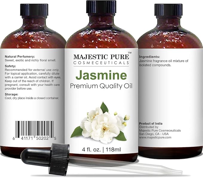 Majestic Pure Essential Oil with Glass Dropper - 100% Pure and Natural - Essential Oils for Diffuser, Aromatherapy, Soap and Candle Making, Jasmine Essential Oil, Jasmine Oil, 4 Fl Oz (Pack of 2) - Bloomnest