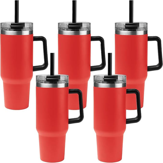 5 Ct of 40 Oz Intrepid Stainless Steel Tumbler with Lid, Straw & Handle – Red – Customizable Insulated Cups for Water, Coffee, Hot & Iced Drinks – Great for DIY, Events, Work - Bloomnest