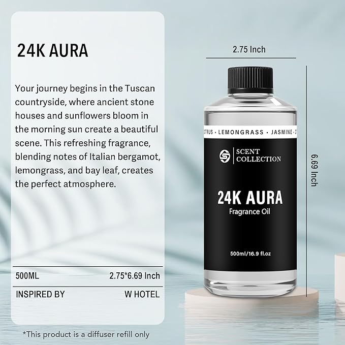 Luxury Hotel Scent 24K Aura Diffuser Oil Waterless Essential Aromatherapy for Cold Air & Car Diffusers – Long Lasting Refill for Large Room & Home - Signature Lemongrass (500ml/16.9Fl oz) - Bloomnest