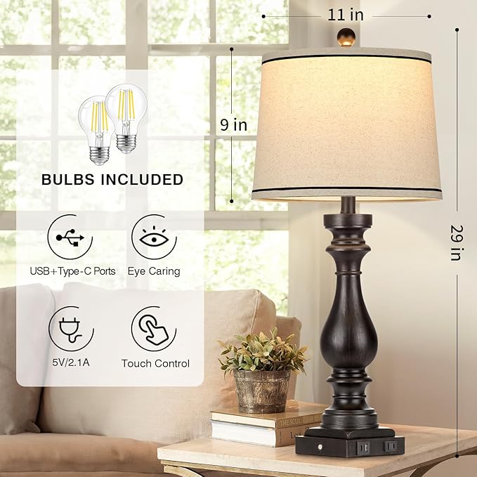 29" Tall Table Lamp for Living Room Set of 2,Farmhouse Vintage Bedside Nightstand Lamps with USB C+A Ports & AC Outlet,3-Way Dimmable Touch Control Retro Black Lamp for Bedroom,Color 5 - Bloomnest