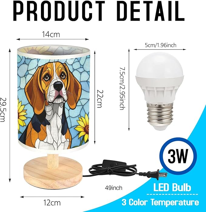 Beagle Table Lamp LED 3-Color Pressed Bedside, Dog Shade Lamp with Wood Base for Bedroom Living Room Desk Office - Bloomnest