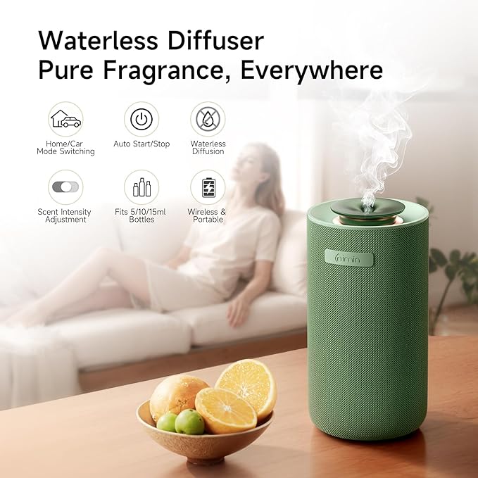 Waterless Cordless Essential Oil Aromatherapy Diffuser - Dual Home/Car Mode with Auto Start-Stop, Strong/Light Scent Adjustment, Air Freshener for Office, Car, Compatible with 5/10/15ml Bottles - Bloomnest
