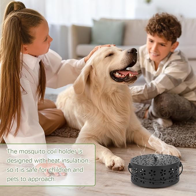 Portable Iron Mosquito Coil Holder with Handle Round Heat-Resistant Incense Holder (2 Pack Black) - Bloomnest