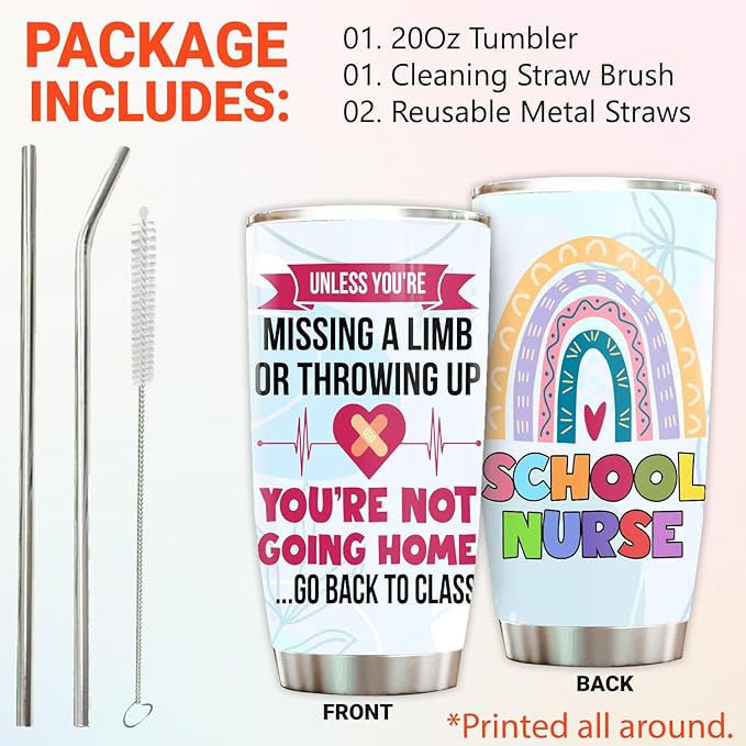 School Nurse Tumbler Stainless Steel 20oz with Straw Lid, School Nurse Appreciation Gifts Bulk For Women Birthday Christmas, Funny Coffee Cup for Work - Bloomnest