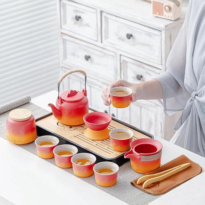 ICHAG Chinese Tea Set, Japanese Tea Sets for Adults, 15-Piece Porcelain Gongfu Tea Set with Tea Pet & Tea Tray, Japanese Teapot Set, Travel Tea Party Set, for Home/Office/Outdoor/Gifts (Red) - Bloomnest