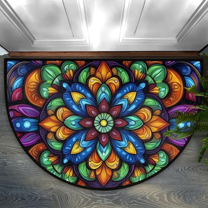 Half Round Door Mat, Glass Mandala Half Circle Rug for Home Decor Floor Indoor Outdoor Non-Slip Washable Half Moon Rug Doormat 36X24 Inch - Bloomnest