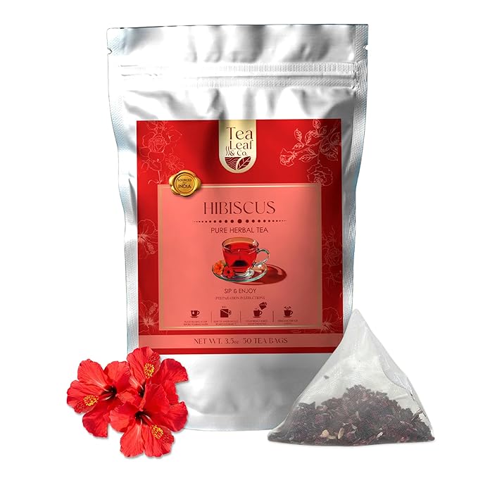Tealeaf & Co. Hibiscus Tea with Hibiscus Flowers Extract - Pure Herbal Tea Bags Blended with Fresh Herbs - Flavored Herbal Blend - Low Caffeine - Gluten Free - 50 Teabags - Bloomnest