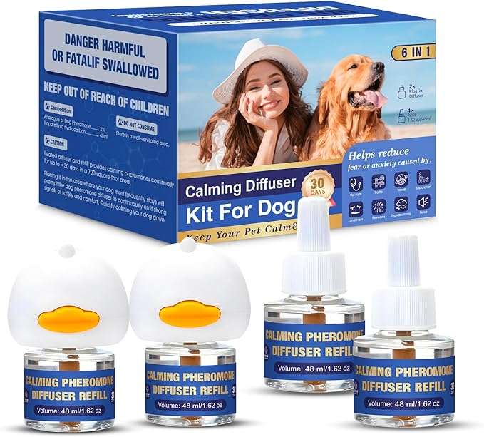 Dog Pheromone Calming Diffuser: Relaxing Pheromone Diffuser for Dogs Relief Stress Anxiety Fighting Scratching Barking, Dog Calming Pheromone Diffuser Kit with 2 Plug in Diffuser+4 Refill 48ml (6in1) - Bloomnest