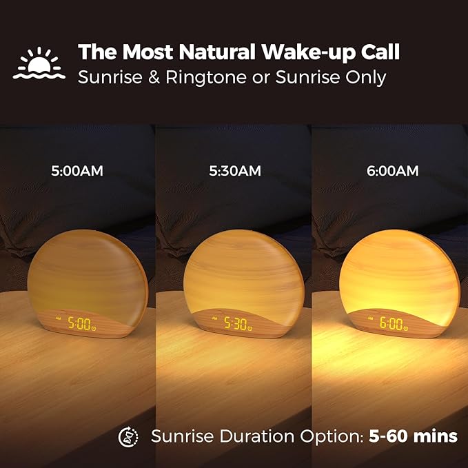 REACHER Natural Wood Grain Sound Machine Sunrise Alarm Clock，26 Nature Inspired Sleeping Sounds, 0-100% Dimmable Clock, Night Light,Brown/Pink/White Noise Sound Machine for Babys, Kids, Adults - Bloomnest