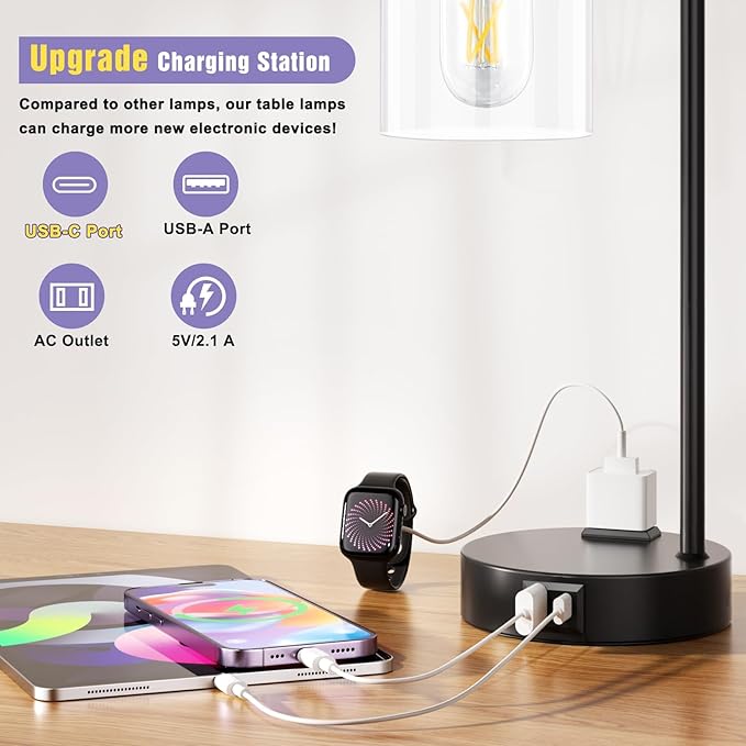 Industrial Touch Table Lamps for Bedrooms Set of 2 - 3-Way Dimmable Nightstand Lamps with USB C+A Ports and Outlet, Black Bedside Lamps with Glass Shade for Living Room, Desk Lamps for Home Office - Bloomnest