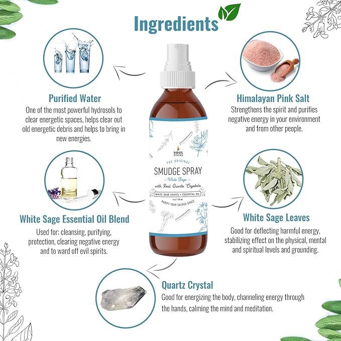 SOUL STICKS White Sage with Pearl Smudge Spray – 3.5oz Smokeless Energy Mist – Quartz Crystal & Pearl Infused Aura Cleanser – Spiritual Spray for Emotional Balance, Protection & Inner Peace SoulSticks